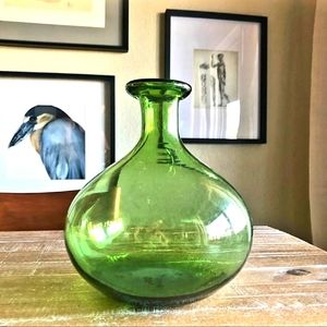 Green Glass Vase Bottle Vessel with Crackle Base